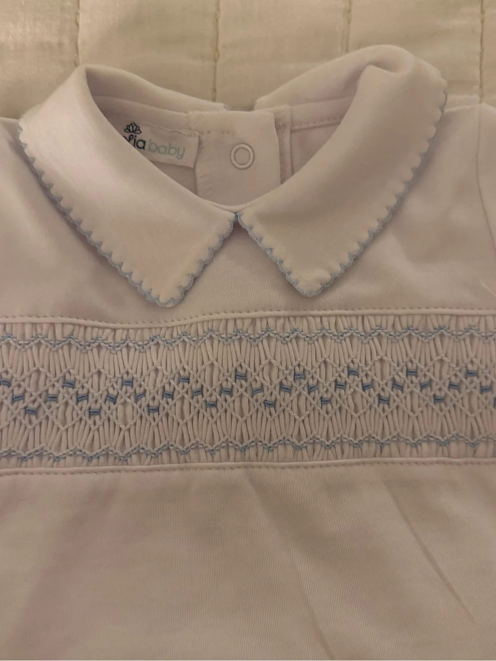 Classic Smocked Baby Tee & Gingham Bloomers Set in White and Light Blue